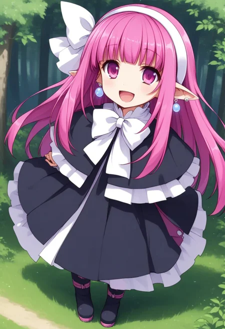 1girl,solo,long sleeve,black long dress,Slit in the center dress,pink hair,pink eyes,capelet,black Long boots,blunt bangs,long dress,earrings,white hair ribbon,white hairband,pointy ears,ribbon,kind smile,cheek,open mouth,standing,full body,forest,day,