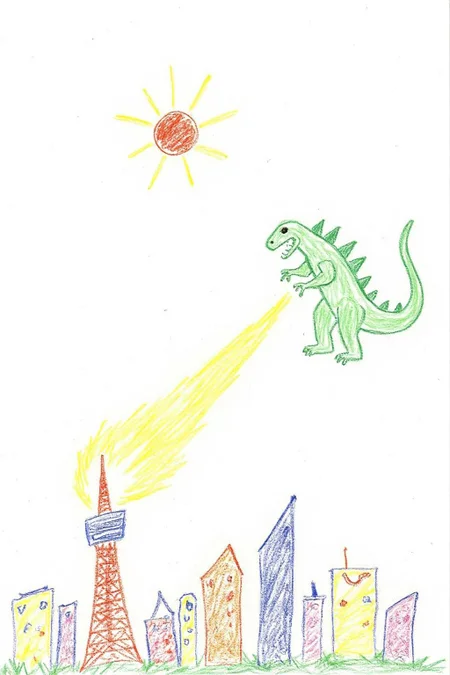 This is a colorful, whimsical drawing, depicting a simple, childlike illustration of Godzilla breathing fire on Tokyo Tower. <lora:5yocrayon1_cap_d6a3e12:1.0><lora:822099406942837063:0>