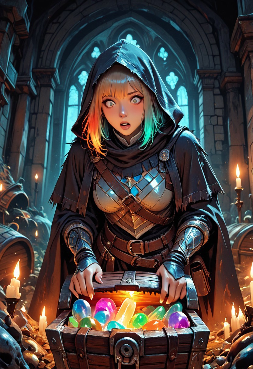 (masterpiece), (best quality), 8k, 1girl, fantasy adventurer girl, surprised expression, treasure chest, Mimic, Mimic chest, whimsical dungeon interior, glowing magical torches, scattered loot around, soft warm lighting, stylized fantasy armor, leather satchel, short cloak, colorful atmosphere, playful fantasy mood, cinematic lighting, semi-realistic style, detailed environment, magical sparkles in the air,