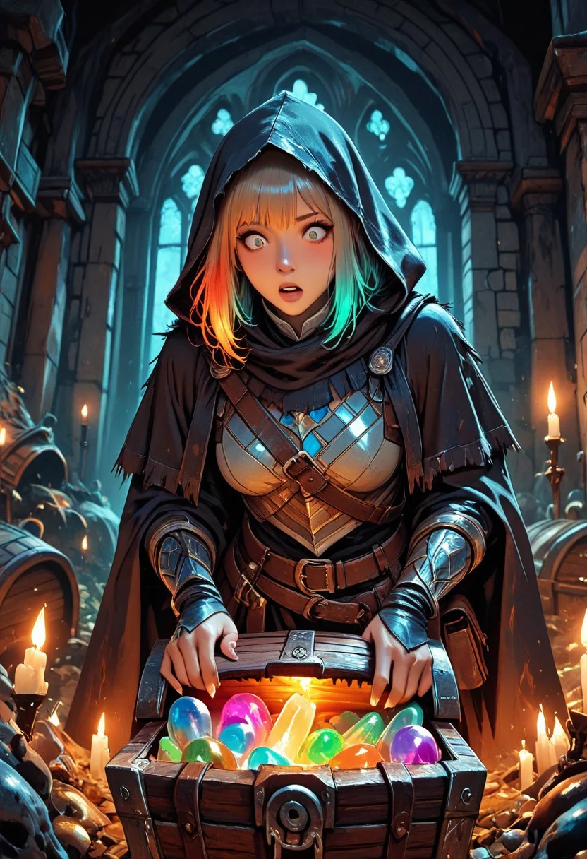(masterpiece), (best quality), 8k, 1girl, fantasy adventurer girl, surprised expression, treasure chest, Mimic, Mimic chest, whimsical dungeon interior, glowing magical torches, scattered loot around, soft warm lighting, stylized fantasy armor, leather satchel, short cloak, colorful atmosphere, playful fantasy mood, cinematic lighting, semi-realistic style, detailed environment, magical sparkles in the air,