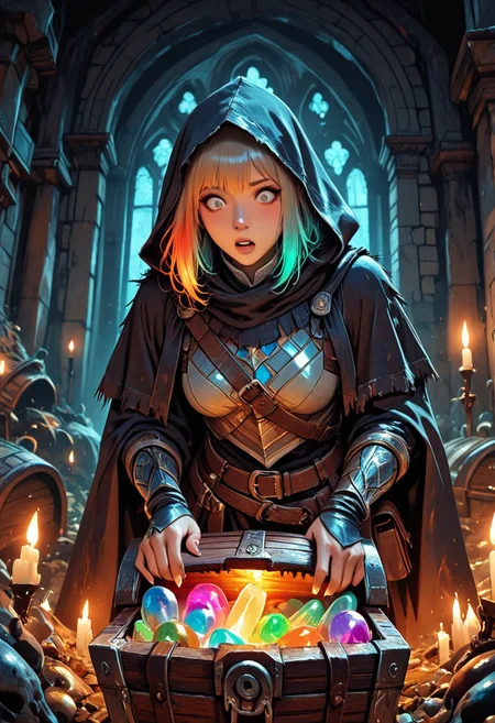 (masterpiece), (best quality), 8k, 1girl, fantasy adventurer girl, surprised expression, treasure chest, Mimic, Mimic chest, whimsical dungeon interior, glowing magical torches, scattered loot around, soft warm lighting, stylized fantasy armor, leather satchel, short cloak, colorful atmosphere, playful fantasy mood, cinematic lighting, semi-realistic style, detailed environment, magical sparkles in the air,