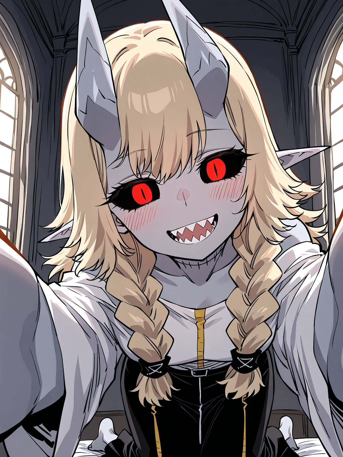 <lora:Player__Manhwa__Ran:1>
1girl, solo, light gray skin, sharp teeth, fangs, black sclera, red eyes, slit pupils, blonde hair, long hair, wavy hair, bangs, twin braids, demon horns, gray horns, oni horns, stitched body, visible stitches, scarred body, pointed ears, demon girl, 
white top, long sleeves, loose sleeves, black skirt, long skirt, black pants, waistband, waist ornament, open sleeves, black wristband, white clothes, black and white outfit, barefoot, 
score_9, score_8_up, score_7_up, score_6_up, source_anime, rating_explicit, 1girl, solo, smile, embarrassed, alcalose eyes, open mouth, mansion, indoors, looking at viewer, outstretched arms, pov, close-up, (head tilt:1.2)
