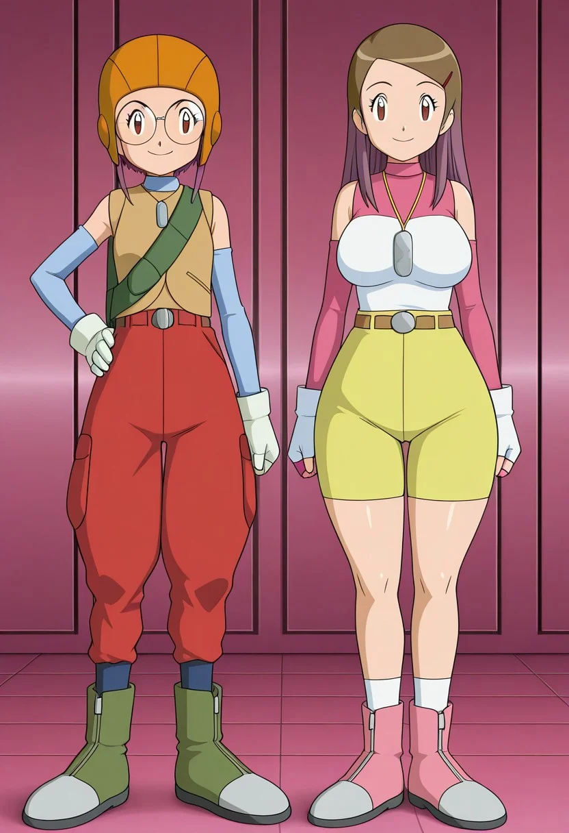 anime screencap, anime art style, digimon adventure 02, duo, couple, thick thighs, wide hips, large breasts, saggy breasts, 2girls, cuddle,
BREAK
(1girl, yolei inoue,1 character, baggy pants, orange aviator helmet, round glasses, blue long-sleeve shirt, brown vest, white gloves, red high-waisted pants, green knee-high boots, gloves, glasses, helmet, boots, purple hair, smile, long hair, pants, vest, white gloves, standing, bag, hand on hip,)
BREAK
(2girl, kari kamiya,2 Character, 1outfit, short brown hair, anime girl, futuristic outfit, pink long sleeves, fingerless gloves, sleeveless white top, yellow shorts, high boots, pink and white boots, pendant necklace, gloves, brown hair, brown eyes, smile, fingerless gloves, shorts, yellow shorts, hair ornament, short hair, hairclip, standing, elbow gloves, socks,)