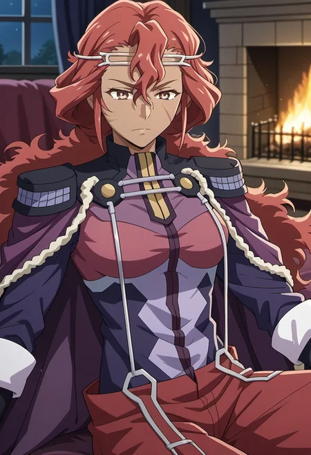 score_9, score_8_up, score_7_up, source_anime, 1girl, red hair, long hair, brown eyes, dark-skinned female, scar on face, hair ornament, cape, epaulettes, purple jacket, red pants, BREAK in the bed, bedroom, cozy,black lace nightgown, comfy, dim light, fireplace, night, (sleepy:1.2), sitting