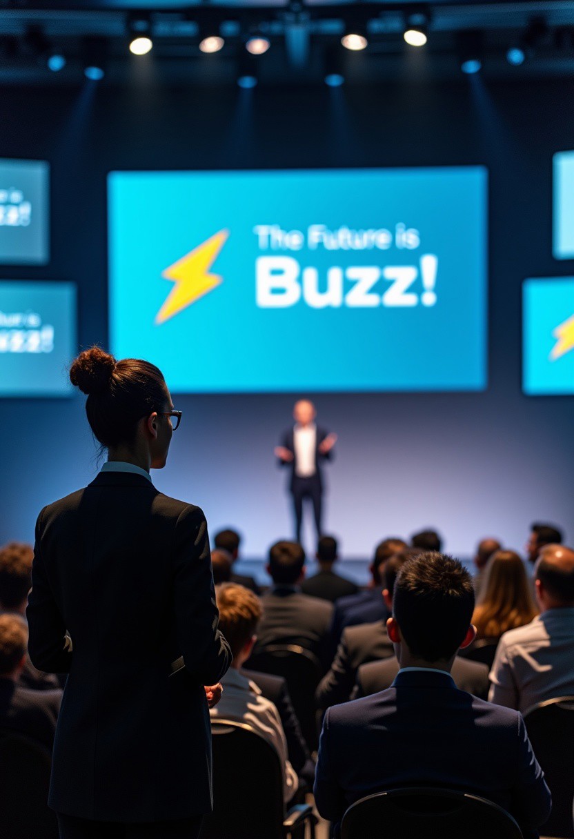 The scene is a realistic interior photo of a large corporate conference center, with a stage showing multiple screens. The focus of the scene is a woman with a serious expression standing on the stage delivering a presentation, with the text “The Future is Buzz!” clearly legible on the screen. The woman delivering the presentation on the stage is in focus. The same presentation on all the screens includes a yellow lightning bolt symbol. The woman on the stage is dressed in business attire, with a bun and horn-rimmed glasses. A diverse group of people wearing business attire is sitting in the audience below the stage.