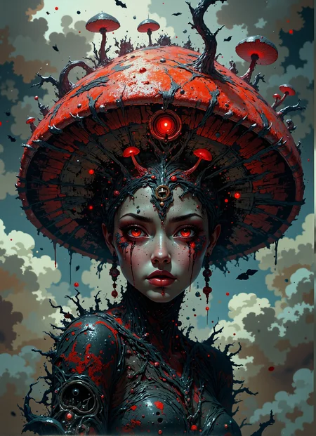 VibrantlySharp style,
animeniji,
3pic_vist4, Portrait of a cursed maiden in ceremonial decay, her flesh painted with ritual black ash, a wide crimson mushroom cap fused to her scalp with ancient glyphs carved beneath, pupils deep red like dying suns, tears of spore oil streaking down her cheeks, all framed in a cloud of suspended rot and floating fungal seeds.