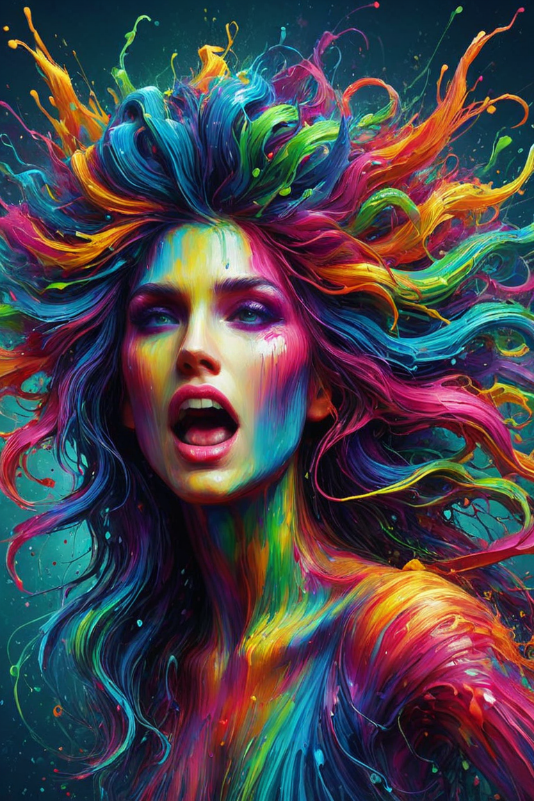 close up, from the front, an enraged medusa, colorful, gleaming, dripping, epic, dramatic  <lora:Rainbow_Style:0.8>