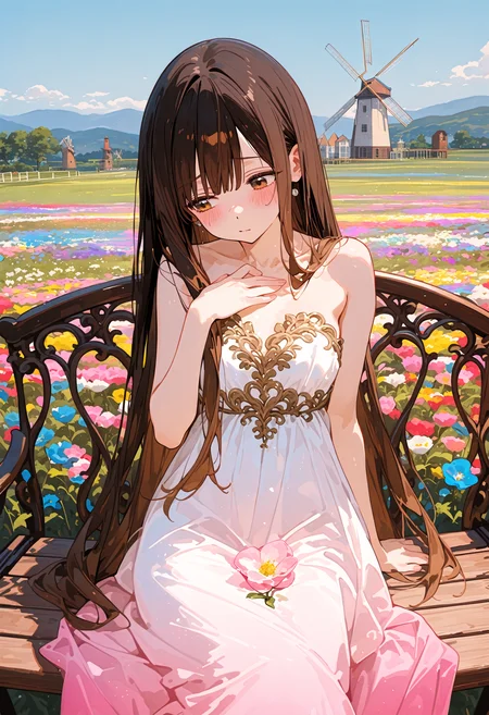 perfect quality,high quality,masterpiece,absolutely eye-catching,ambient occlusion,raytracing,
front view,full_shot,vanishing point,
1girl,solo,long hair,blush,bangs,brown hair,black hair,dress,brown eyes,very long hair,NukumizuKaju Cyql,
furrowed brow,sitting,hand on own chest,
Whimsical,Elegant mermaid gown with a strapless sweetheart neckline and lace appliqués,pink white gradient clothes,
beautiful face,beautiful eyes,perfect body,sexy,
Serene sky,at Daybreak,(in Flower garden, colorful flower garden,landscape of flowers:1.5),( blue sky, cumulonimbus),(windmill:1.3),(wooden bench:1.2),(many flowers are blooming:1.3),intricate cinematic background,detailed background,
laser light clothes,qxys,748cmstyle,<lora:spo_sdxl_10ep_4k-data_lora_webui:0.7>,<lora:illustrious_all_rated_v1:0.7>,<lora:laser_light_clothes_v0.5-pony:0.4>,<lora:748cmSDXL:0.9>,<lora:Nukumizu Kaju_Illustrious by Cyql:0.9>,