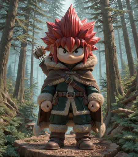 masterpiece, best quality, amazing quality, <lora:Ore_Tomba_v5:0.7> 1boy, solo, male focus, spiked hair, full body, red hair, looking at viewer, Hunter, hooded cloak, fur trim, bow, quiver, forest backdrop, masterpiece, best quality, amazing quality