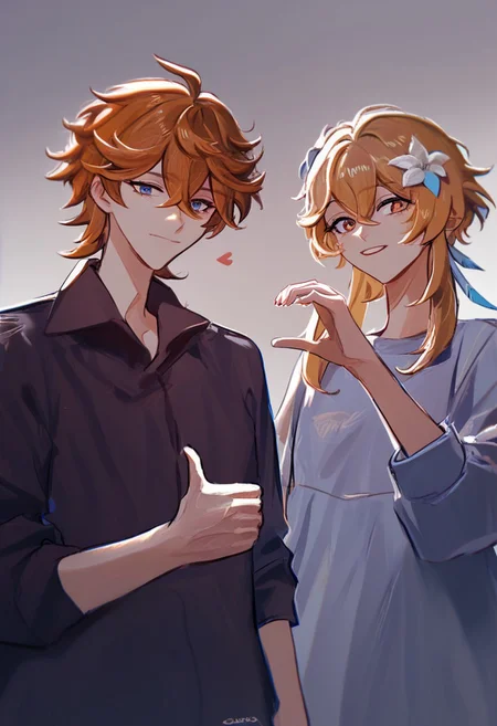 score_9, score_8_up, score_7_up, heart hands duo, thumbs up, heart hands, easynegative, heart hands duo, thumbs up, heart hands, easynegative, tartaglia,orange hair,blue eyes,hair between eyes, Lumine_(Genshin_Impact)