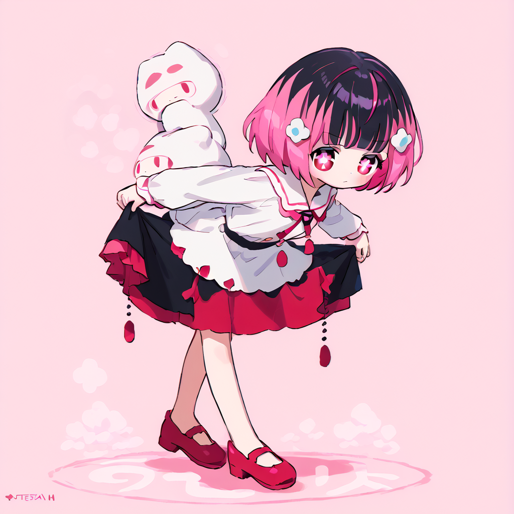 <lora:Berta_Delica:1> black hair, pink hair, multicolored hair, symbol-shaped pupils
 <lora:skirt_hold_bowing_d16:0.8> skirt hold bowing, crossed legs, leaning forward