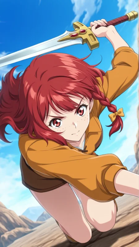 source_anime, general, best quality, masterpiece, 1girl, <lora:Rosalie_Serue_ill_v1.0:1> rosalie_serue\(srw\),red eyes , red hair, freckles,braid, long hair, side braid, hair bow,hoodle, holding sword, dutch angle, dynamic pose,