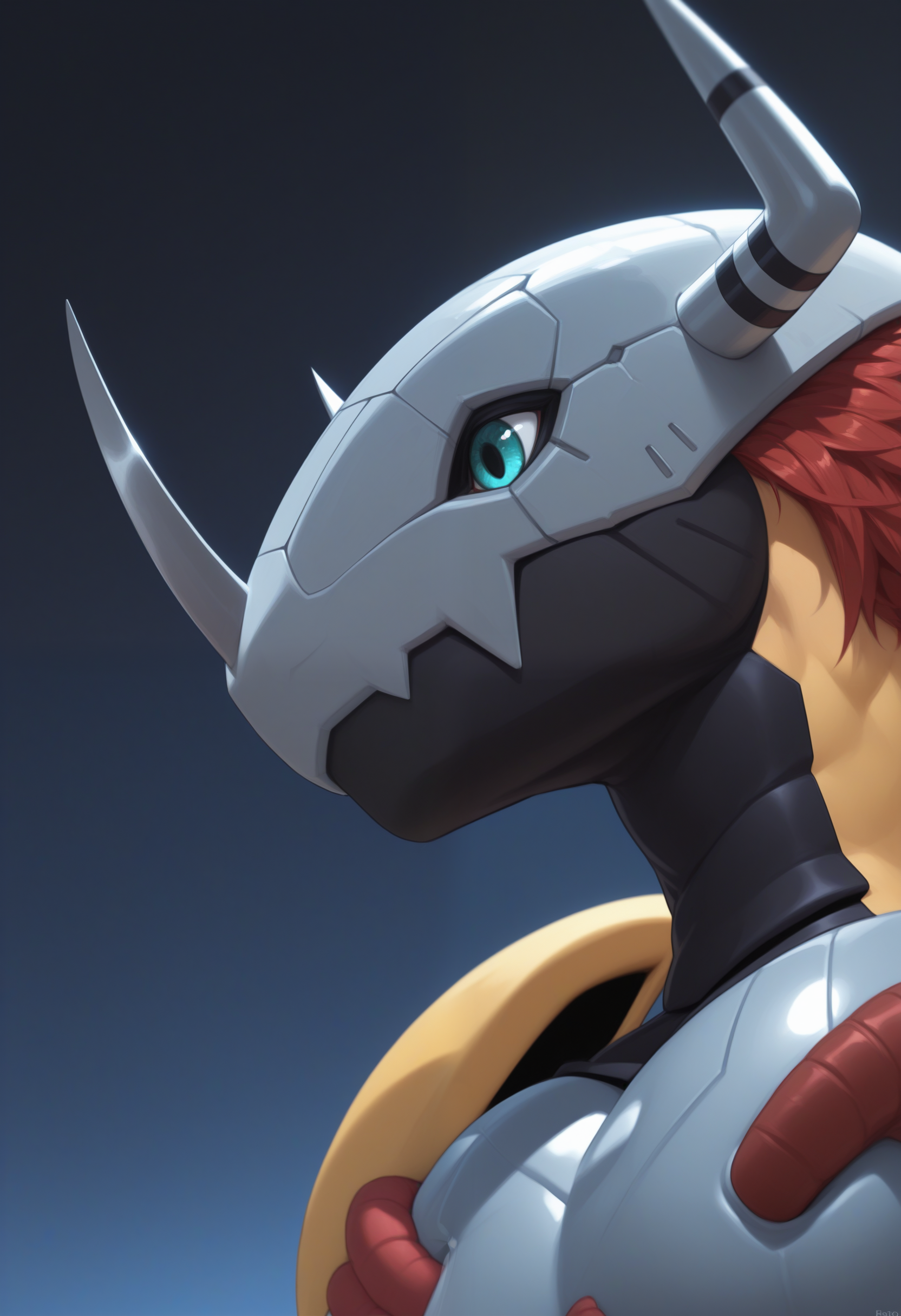 masterpiece,best quality, amazing quality, 1boy, solo, w4r, digimon (creature), armor, helmet, close up, side angle,

outside,