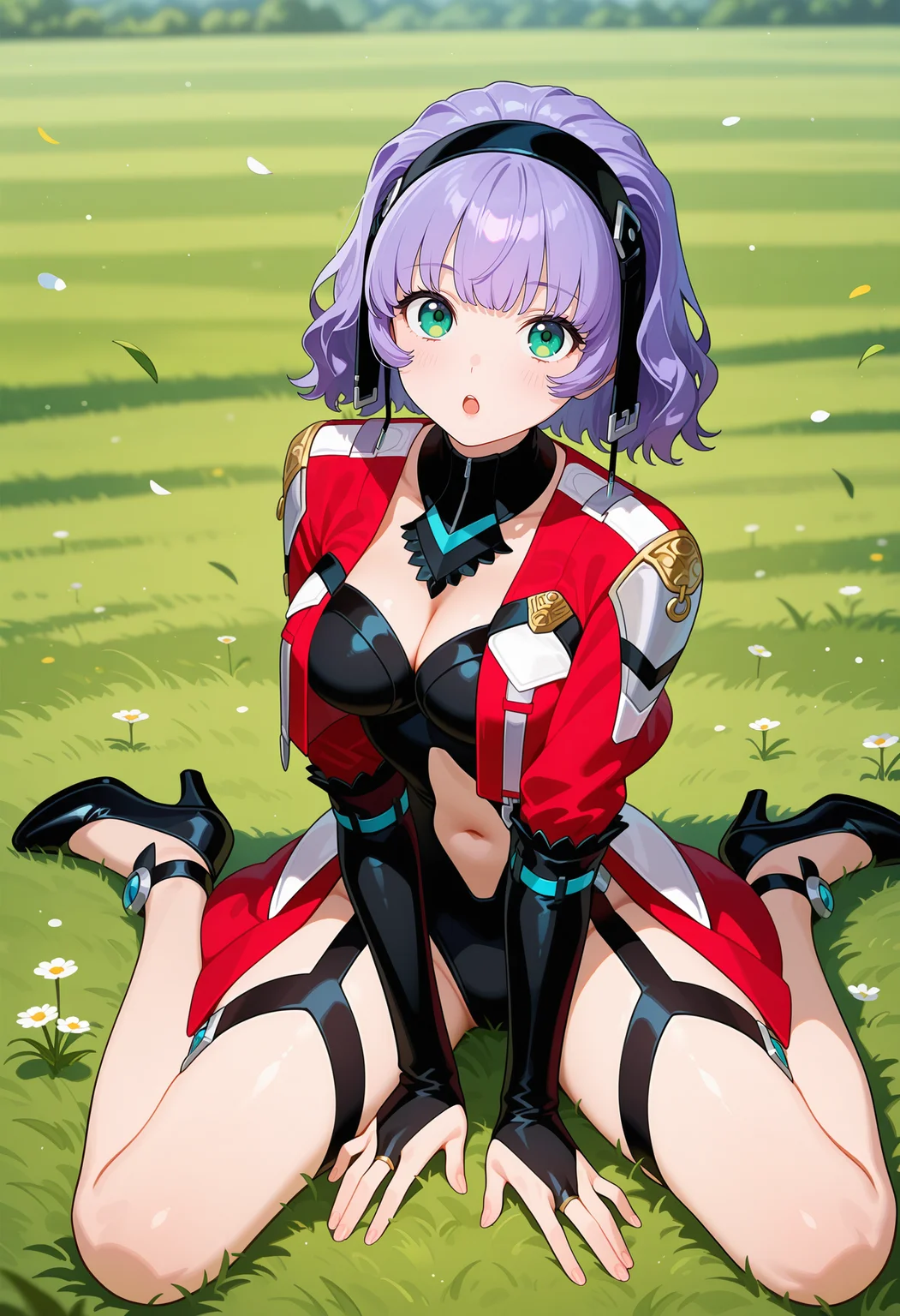 best quality, masterpiece, 1girl, aaaqua, medium hair, purple hair, black hairband, green eyes, black collar, cleavage, black leotard, cropped jacket, red jacket, long sleeves, elbow gloves, bridal gauntlets, navel cutout, waist cape, garter straps, thigh strap, <lora:aqua_centolm_ilxl_v1:0.9>, grass, field, wariza, :o, high heels, black footwear,