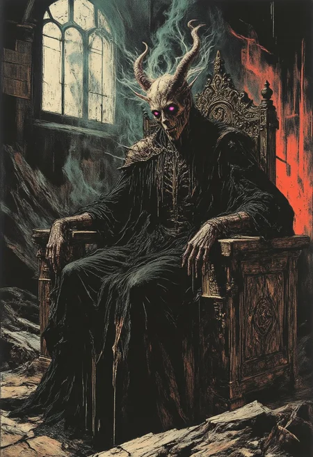A close-up view reveals the gothic throne, its surface adorned with intricate carvings of entwined serpents and roses, the dark wood catching the pale glow of moonlight filtering through fractured windows. Swirling smoke rises from cracks in the dais, coiling and dissipating into the cold air, creating a haunted, otherworldly aura. The throne's obsidian base pulses faintly with a sickly cyan glow, its veins radiating an eerie, lifelike energy.Seated upon the throne is a spectral figure, her translucent horns twisting upward like jagged crescents, shimmering faintly as they catch the shifting light. An evil grin spreads across her angular face, her hollow cheeks and piercing eyes—glowing in haunting shades of violet and gold—with a predatory intensity. Her skeletal hands gripping the armrests glisten with the sheen of bone,  long, fingers adorned with faintly glowing rings. A rusted chain dangles from her hand, disappearing into the swirling mist below, its weight an ominous presence in the air.The muted background fades into gradients of deep teal and fiery crimson, the interplay of vibrant moonlight and smoky shadows creating a dramatic depth of field. Subtle movements within the darkness suggest unseen watchers, amplifying the tension of the scene. Every detail—the cracks in the stone, the translucent texture of the horns, the curling smoke—draws the viewer into a surreal, haunting vision of despair and dominion, illuminated by the cold, unrelenting glow of the moonlight.