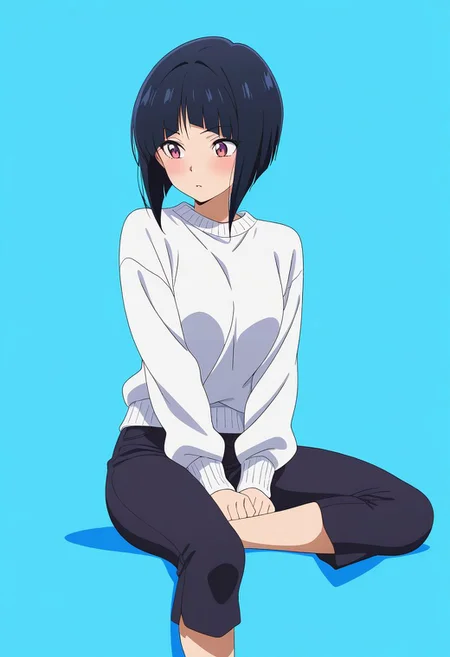 masterpiece, best quality, amazing quality, anime coloring, anime screencap, 1girl, inverted bob, white sweater, capri pants, black pants, black hair, blue background, simple background, sitting,