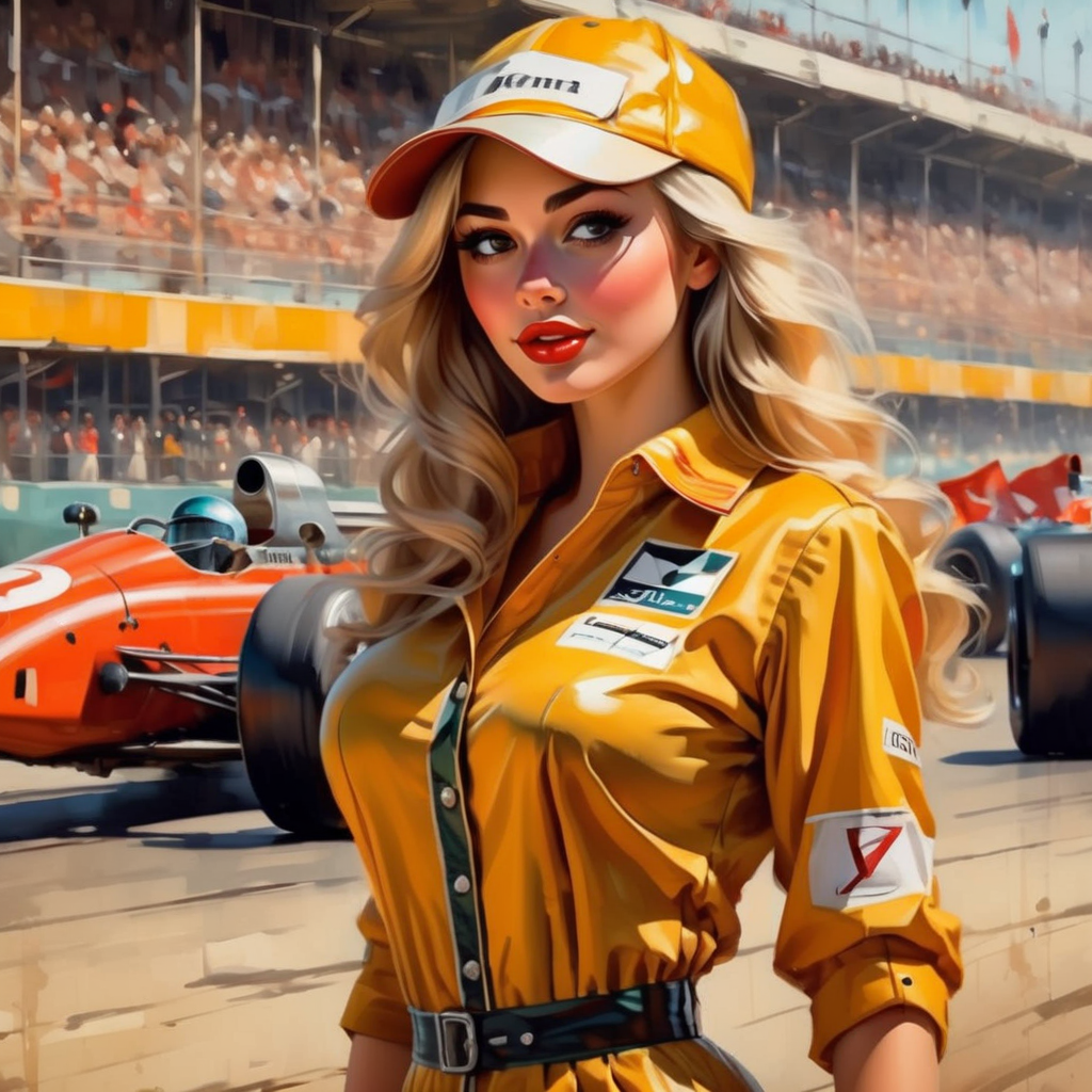 vintagemuse  close up girl in a sports driver's costume in the background of a race track and formula 1 cars, very detailed <lora:vintagemuse:1>