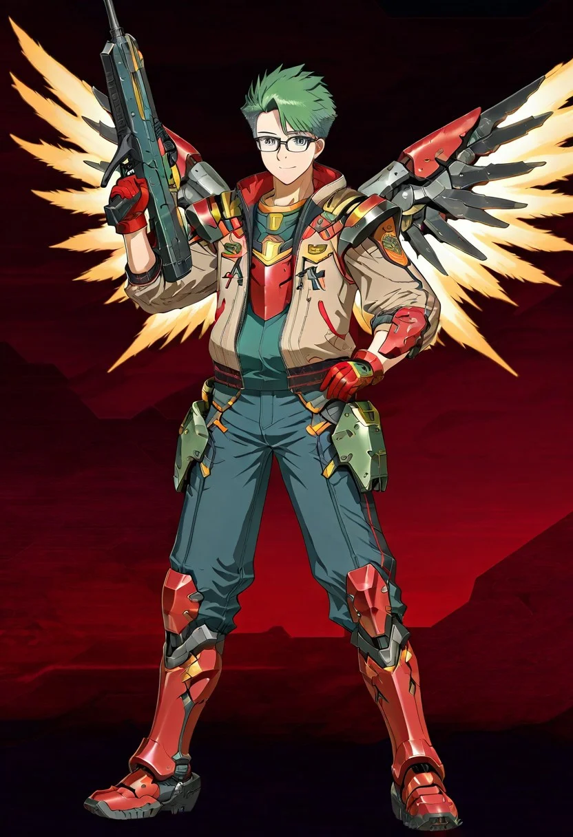 gb4_tao, green hair, short hair, grey eyes, 1boy, solo, male focus, glasses, lean body, wear mecha armor with eagle mecha wings, red mecha armor theme, fly toward the viewer, fight pose, high quality,  armaments equipped in the armor,  score_9, futuristic city in the background, BREAK, his right hand is holding beam rifle, high quality, best quality, masterpiece, detailed draw,detailed eyes, detailed face