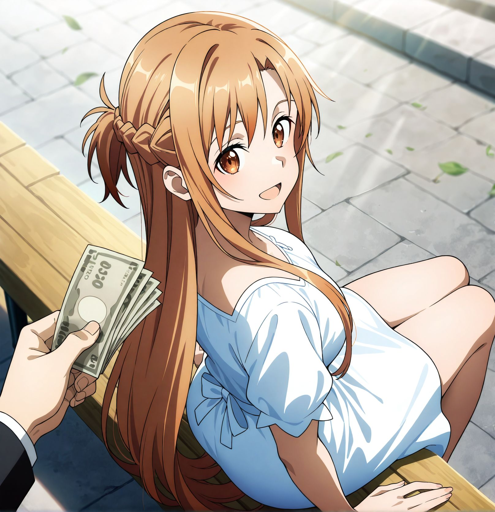 <lora:add-detail-xl:0.5>,,masterpiece, best quality, newest, absurdres, highres, detailed eyes, beautiful, detailed background, perfect eyes, anime coloring, anime screencap,
<lora:sugar_dating:1>sugar_datingV1,
sitting, holding money,from above, from behind,open mouth, happy, 
pov hand  holding money, giving money,outdoors, day,sunlight, street, 
sundress, white shirt, miniskirt, 
asuna \(sao\), 
sword art online, 
official style, 
20YO, milf,adult couple,
