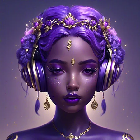 (masterpiece, best quality, ultra-detailed:1.2), 1girl, purple hair, perfect curves, purple flowers in hair, makeup, wearing headphones and a tiara with gold decorations on her face and a necklace