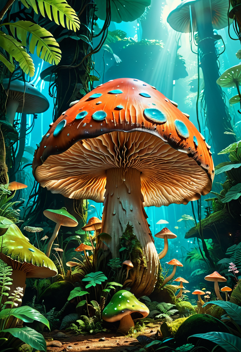 (best quality, absurdres, masterpiece), high quality, photo realistic, 4k, Fantastic lighting. Detailed shadows, vivid colors, ultra-sharp, 8k , intricate details, 
A giant mushroom creature walking through a bioluminescent jungle. ,  <lora:moreToppingsCaptioned-SDXL:0.7>