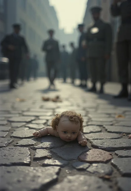 "An overexposed photo of a broken doll on cracked pavement, surrounded by faint shadows of soldiers, dreamy lavender and ash tones, analog scratches and light leaks, a quiet chaos captured in a raw, unpolished frame." cinematic_1940s cinematic_octane
