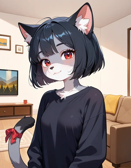 masterpiece, best quality, very aesthetic, absurdres,
indoors, living room,
upper body,
light smile, long eyelashes,
<lora:Molly_v01_NAIXL:1>
Duska,1girl,solo,furry,female,cat girl,short hair,bob cut,black hair,bangs,cat ears,animal ear fluff,red eyes,animal nose,body fur,two-tone fur,grey fur,white fur, cat tail, tail ornament,