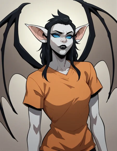 portrait, solo, female, pale skin, wings, pointy ears, black hair, orange shirt,blue eyes, colored sclera, bat, black lipstick <lora:Nosferata:0.7> nosferata, score_9, score_8_up, score_7_up, score_6_up, 2d, digital art, masterpiece <lora:Expressive_H:0.4> expressiveh <lora:princess_xl_v2:0.3> <lora:g0th1c2XLP:0.3> g0th1c