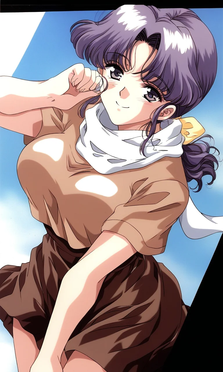 score_9, score_8_up, score_7_up, source_anime, rating_explicit, BREAK <lora:Fujino_Yukiko_XL:1> FujinoYukiko, long hair, purple eyes, purple hair, large breasts, low ponytail, Yellow bow, hair ribbon,
brown shirt, white scarf, brown skirt,
smile,
looking at viewer,
cowboyShot,