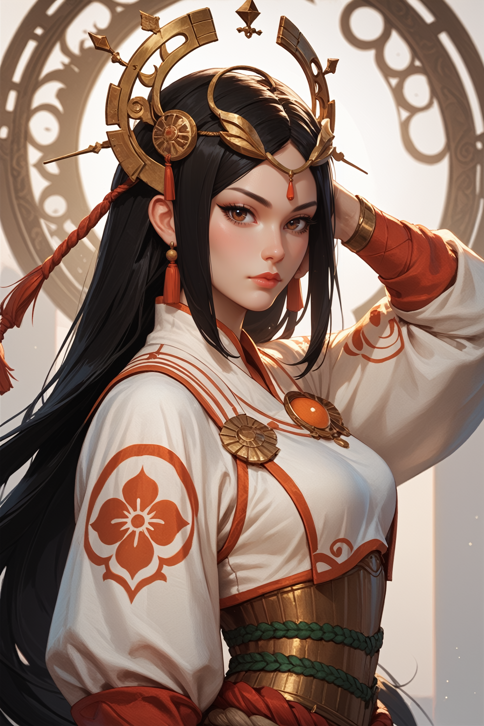 score_9, score_8_up, score_7_up, score_6_up
<lora:SAmaterasu:0.8>
SAmaterasu, 1girl, black hair, long hair, brown eyes, headpiece, looking at viewer, standing, one hand resting above the head, hips slightly turned, side view