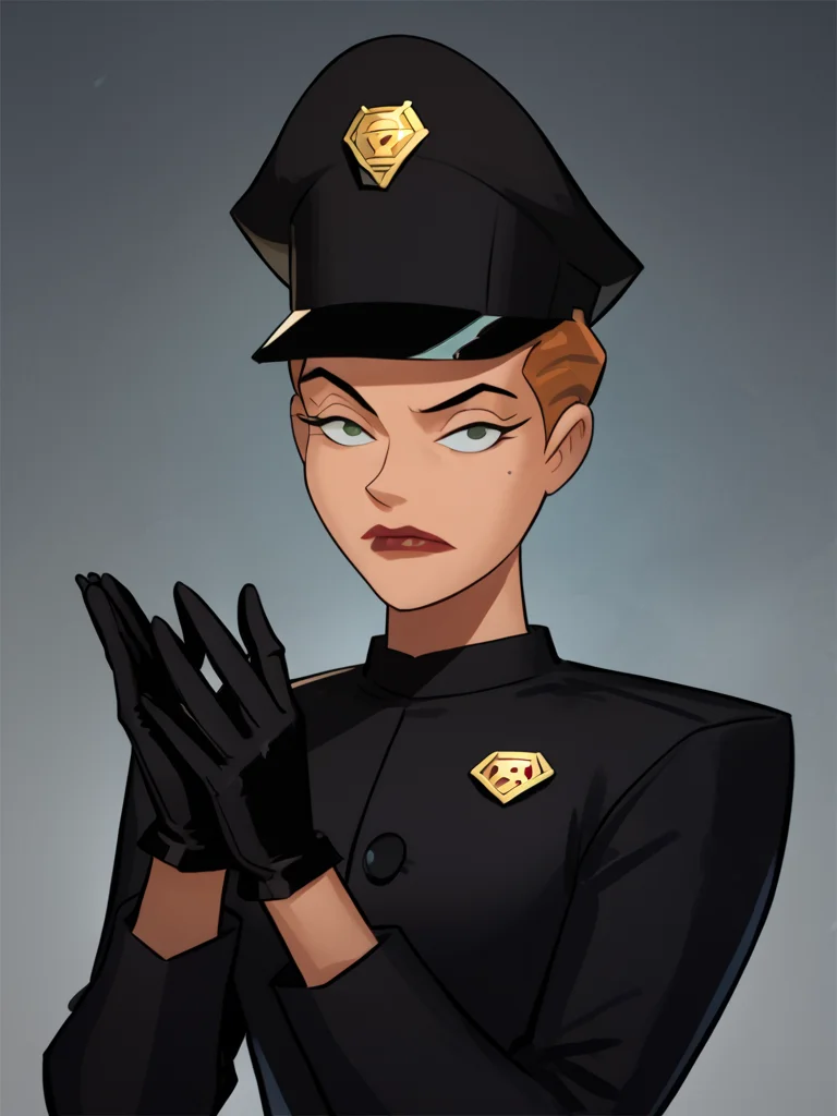 score_7_up, score_8_up, score_9, masterpiece, perfect face, perfect hands, high quality, source_anime, (1girl, solo,) <lora:Mercy_Graves_-_Justice_League_DC:1> mercygraves, brown hair, short hair, hat, black uniform, black gloves,