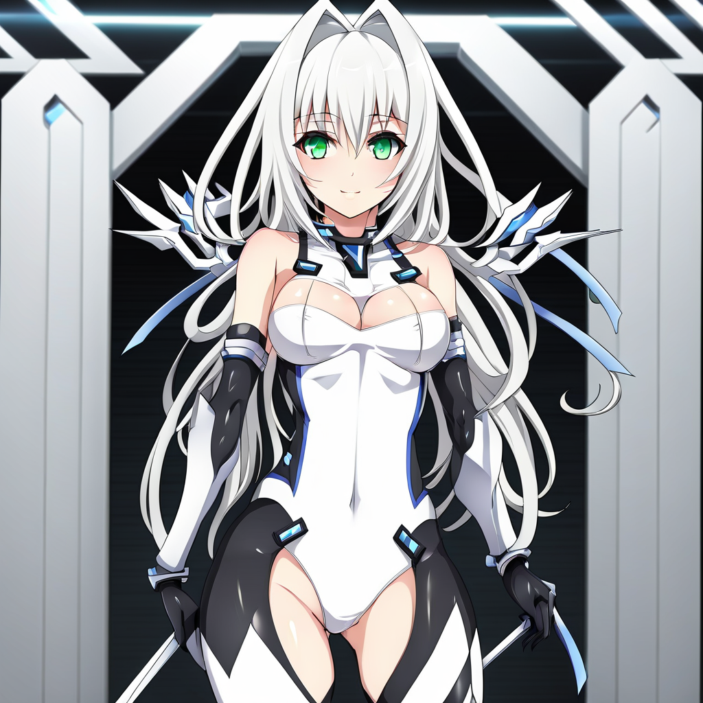 (extremely detailed CG unity 8k wallpaper),(masterpiece), (best quality), (ultra-detailed), extremely detailed,(best illustration), an extremely delicate and beautiful ,CG ,unity ,8k wallpaper,solo, long hair,silver hair,green eyes,medium breasts,smile,bodysuit,hairclip, cybernetic, looking at viewer, dynamic pose, white thighhighs, hair hair ,ornament, under ornament,holding sword,gate background,