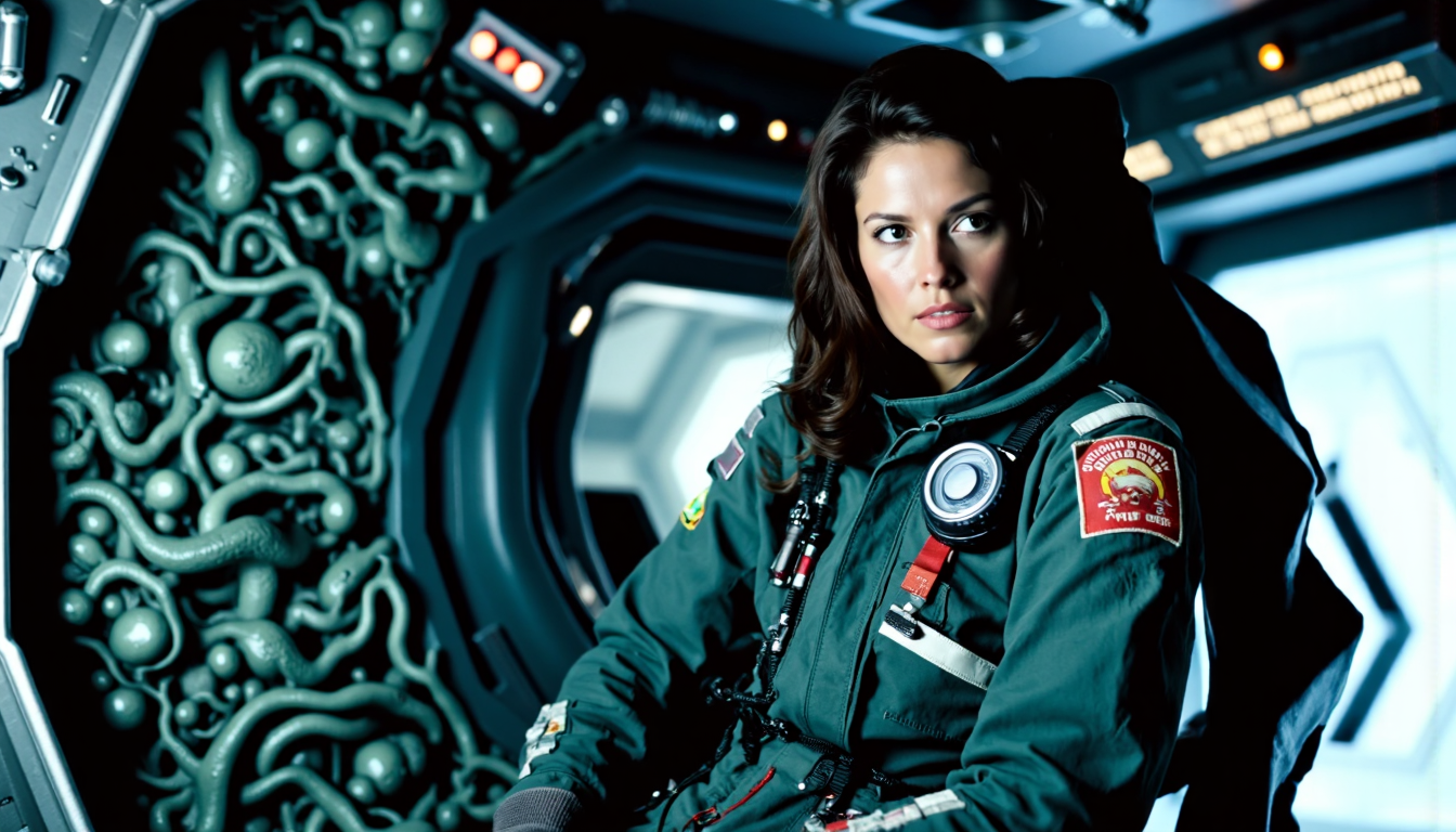 nostromo style,
woman wearing jumpsuit, spaceship interior, greebles, giger details, organic walls, space jockey, science fiction, horror,

extremely detailed:1.2, sharp:1.2, bold outlines,

sharp focus, detailed face, clear eyes, Detailed perfect hand
