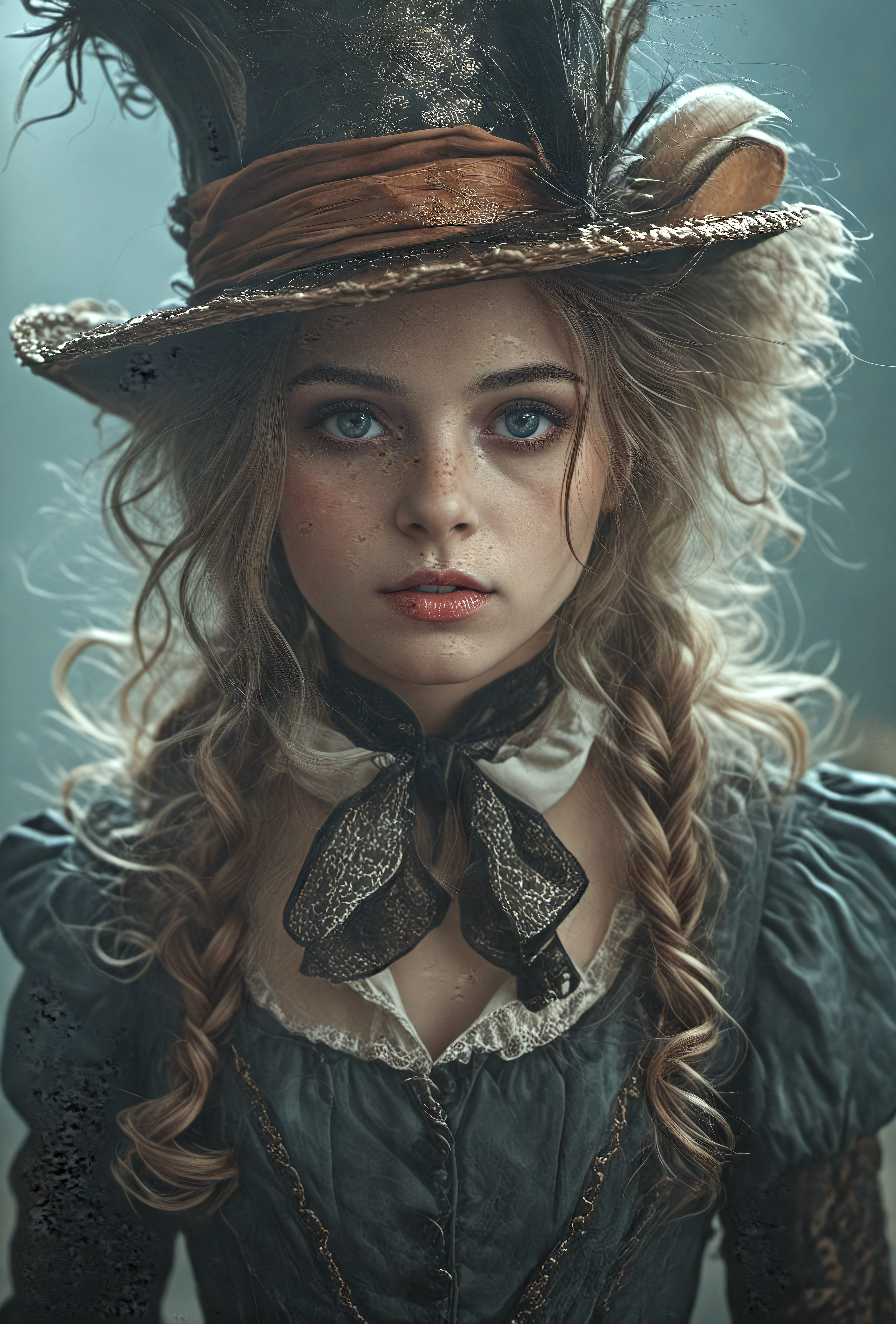 cinematic film still portrait young mad hatter girl,(crazy:1.4),alice in wonderland,deep detailed wonderland background,rim light,dark light,low light,cold colors,surreal art,portrait,creepy,horror,(vibrant colors:1.4),vivid colors,colored hair,wind hair,huge hat, . shallow depth of field, vignette, highly detailed, high budget, bokeh, cinemascope, moody, epic, gorgeous, film grain, grainy