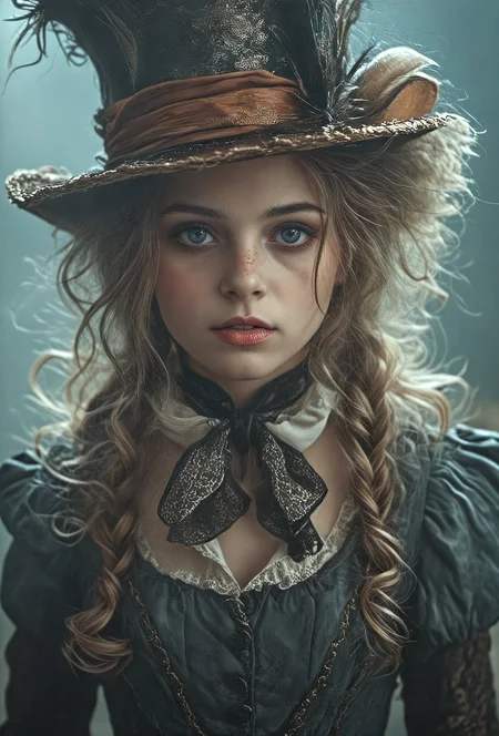cinematic film still portrait young mad hatter girl,(crazy:1.4),alice in wonderland,deep detailed wonderland background,rim light,dark light,low light,cold colors,surreal art,portrait,creepy,horror,(vibrant colors:1.4),vivid colors,colored hair,wind hair,huge hat, . shallow depth of field, vignette, highly detailed, high budget, bokeh, cinemascope, moody, epic, gorgeous, film grain, grainy