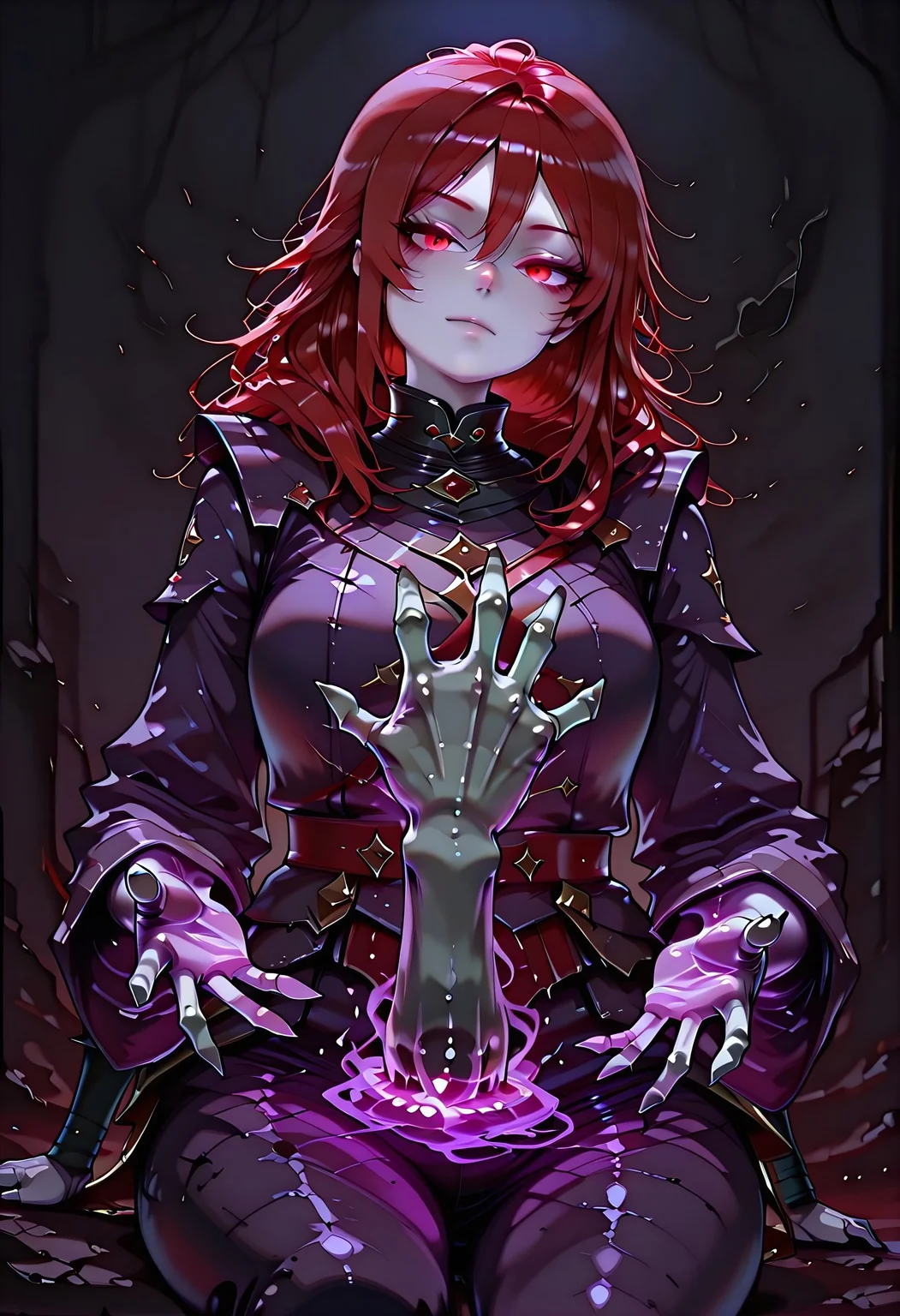 masterpiece, best quality, highres, absurdres, amazing quality, high resolution,
Red Eyes, Red Hair, pale skin
from below, expressionless, , sitting, head tilt, dutch angle, <lora:chill_touch_Test:0.8>chill_touch-(magic), outstretched handskeletal disembodied hand, purple blue magic, solo, claws, cowboy shot , glowing eyes, dimmed, dark background, simple background,