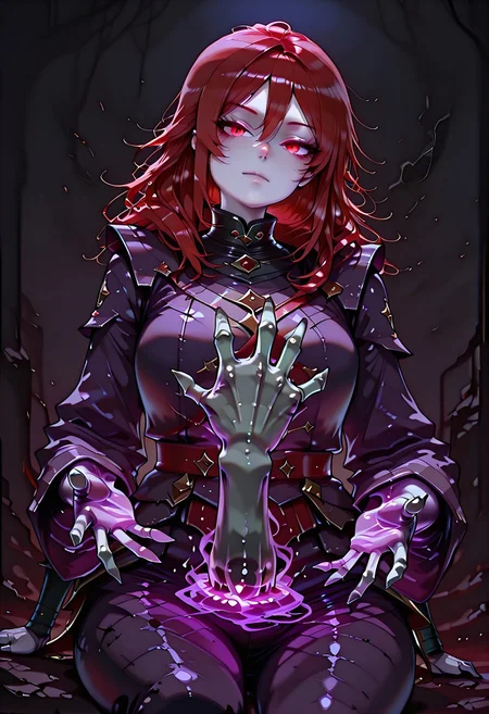 masterpiece, best quality, highres, absurdres, amazing quality, high resolution,
Red Eyes, Red Hair, pale skin
from below, expressionless, , sitting, head tilt, dutch angle, <lora:chill_touch_Test:0.8>chill_touch-(magic), outstretched handskeletal disembodied hand, purple blue magic, solo, claws, cowboy shot , glowing eyes, dimmed, dark background, simple background,