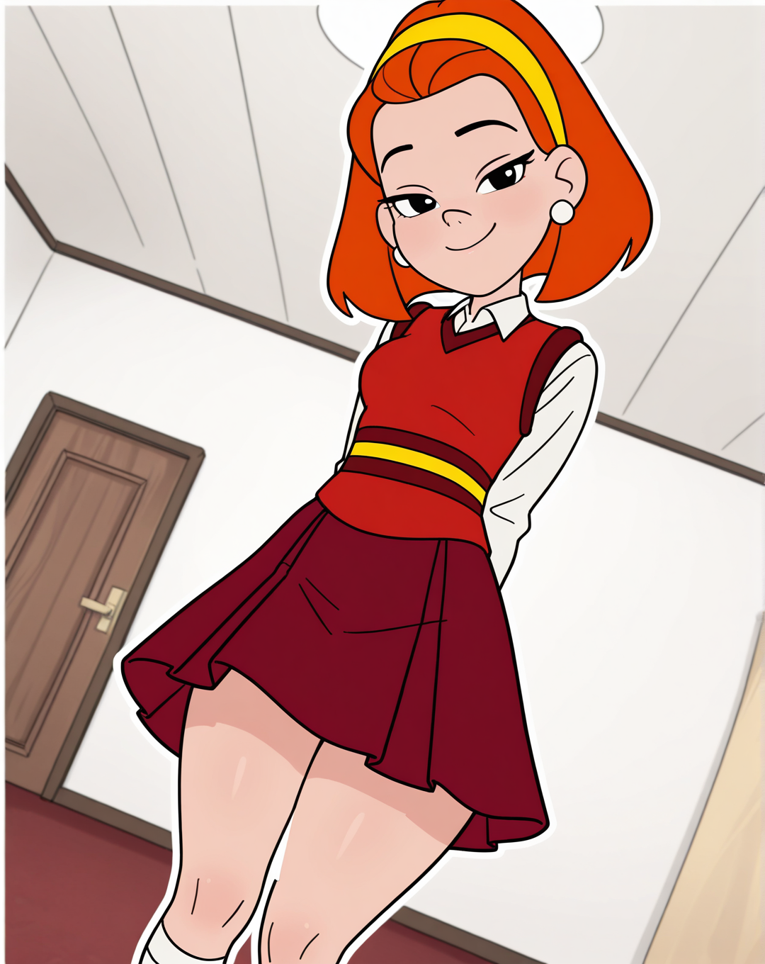masterpiece, best quality, amazing quality, very aesthetic, absurdres, newest, solo,  KarinneZYN, 1girl, solo, black eyes, hairband, orange hair, short hair, jewelry, earrings, (Red vest, skirt, school uniform, socks), cowboy shot, looking at viewer, beautiful, ((beautiful face, beautiful eyes)), breasts, Wide Hips, Big thighs, standing,(smile, dutch angle, naughty pose, looking at viewer, indoors, elegant room, solo, dynamic pose, full_body, head tilt,),((white background, White frame, white outline))