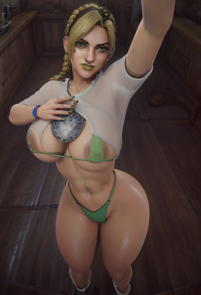score_9, score_8_up, score_7_up, score_6_up, score_5_up, score_4_up, closed mouth, BREAK solo,  large breast, thick thighs,   simple background,  negative_hand,   X3dCE, 3d,  looking at viewer,  OverallDetail,   realistic, ultra realistic, multicolor hair, braided hair, makeup, green lipstick, joylne cujoh, clothed, full body shot, standing, able to see stomach
