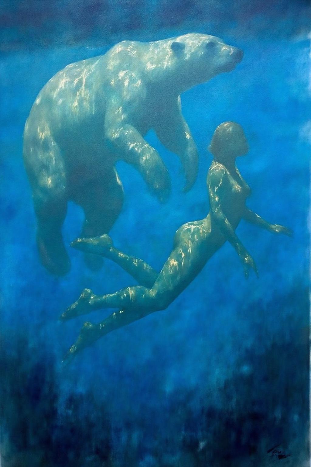 painting. A woman and a polar bear are swimming underwater. <lora:billbate1_cap_d8a4e12:1.0><lora:852799085835497109:0>