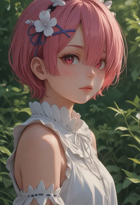 ghibli, score_9, score_8_up, score_7_up, i want the whole image to be created in 3D anime style, 1girl, solo, looking at viewer, blush, short hair, bangs, shirt, hair ornament, red eyes, dress, bare shoulders, closed mouth, upper body, pink hair, flower, sleeveless, hair flower, pink eyes, white dress, hair over one eye, blurry, from side, lips, looking to the side, depth of field, blurry background, x hair ornament, plant, white flower, blurry foreground, ram (re:zero)