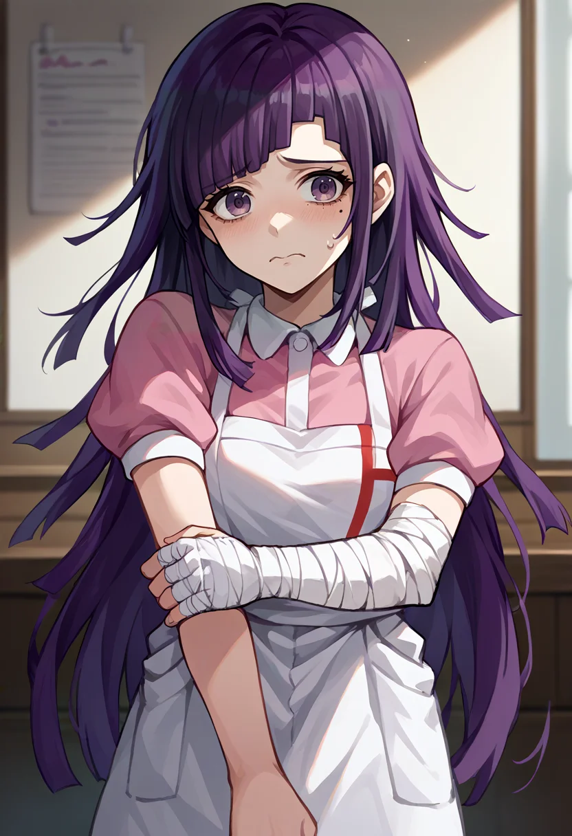 score_9, score_8_up, score_7_up, source_anime, solo, 1girl, tsumiki mikan, nervous, looking at viewer, hand on own arm, mole under eye, purple hair, pink shirt, puffy short sleeves, white apron, bandaged arm, indoors, infirmary <lora:danganronpa2_tsumiki_ponyXL:1>
<lora:pose_handonownarm_ponyXL:1>
