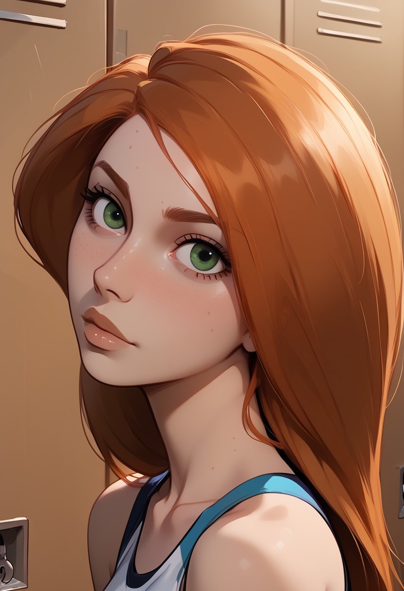 score_9, score_8, score_7, score_8_up, 1girl, bonnie and kim possible, (1petite, Kim Possible), Expressiveh, redhead, small neck, solo, freckles, (long hair, green eyes), smooth hair, medium hair, long eyelashes, collarbone, side view,  jewelry, piercings, close up view, (looking at viewer), close up view, in a school, light blue lockers, cheerleader top, ((skinny waist)), leaning up against lockers,