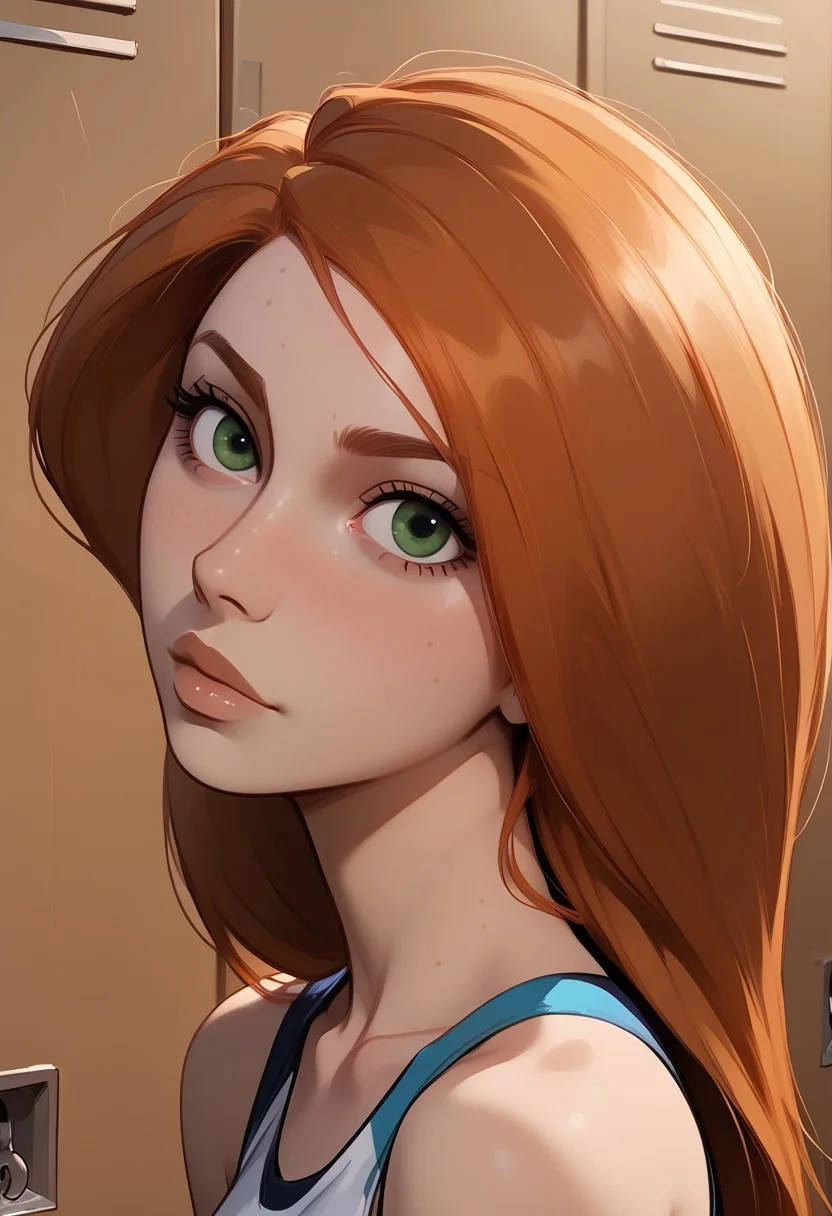 score_9, score_8, score_7, score_8_up, 1girl, bonnie and kim possible, (1petite, Kim Possible), Expressiveh, redhead, small neck, solo, freckles, (long hair, green eyes), smooth hair, medium hair, long eyelashes, collarbone, side view, jewelry, piercings, close up view, (looking at viewer), close up view, in a school, light blue lockers, cheerleader top, ((skinny waist)), leaning up against lockers,