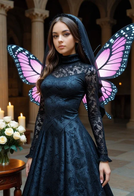 score_9, score_8_up, score_7_up, score_6_up, rating_safe,  view from below, full body, dark_ skin kwf girl,  semi_realistic, detailed face, emo  pink makeup, short hairs, veil made from  lace, (turtleneck  dress with  carbonfiber embroidery), delicate but oversized butterfly wings made of carbon fiber,  Her wings somehow stealing light ,star shaped eye pupils, looking down,
biolumen, holding a single white rose made from ruby, the  contur of the rose petals glow like starry night, inside dark misterius temple, dim light, intricate details, horror theme,  detailed background, detailed rastr, matte_color, flat_color, ScribbleRay