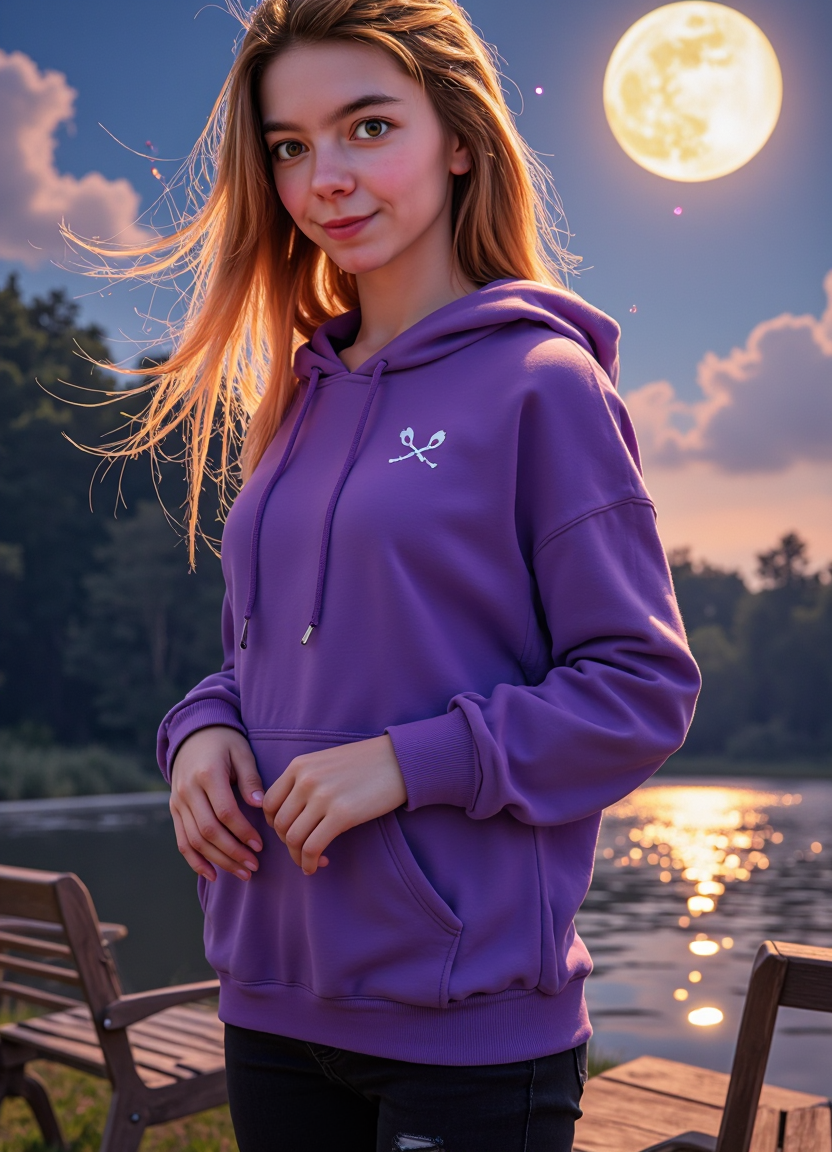 SFW, brightly lit, aidmaimageupgrader, A highly detailed anime portrait of a woman, designed in a modern anime art style with expressive, luminous eyes, soft cel-shading, and smooth detailed linework. She wears an oversized  purple hoodie  and black  jeans  , standing under a canopy of fireflies, the moon bright in the sky.  Her blonde hair is windswept, framing her face perfectly, with delicate strands catching the golden sunlight. The background is softly blurred, featuring a lake with wooden benches. Vibrant color palette, dynamic soft lighting, ultra-smooth anime rendering, cinematic bokeh effect<lora:pony\Letha_Weapons_Pony_-_Adult_Actress_and_Model.safetensors:1.0:1.0> <lora:flux\custom\adult\lina-rose.safetensors:1.09:1.09> <lora:turbo-8-step-flux.safetensors:0.5:0.5> <lora:flux\style\Common\aidmaImageUprader-FLUX-v0.3.safetensors:0.25:0.25>