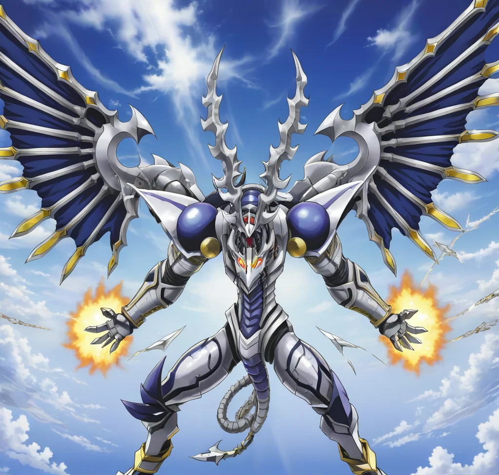 1boy,solo,dorugoramon,flying,sky,wings,horns,tail,anime,2d, <lora:DORUgoramonXL:0.75>