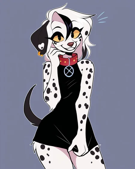 score_9_up, score_8_up, score_7_up, score_6_up, by remanedur, furry female, female, furry, ear piercing, colored sclera, black eyes, dalmatian, white hair, streaked hair, sleeveless dress, black dress, multicolored hair, collar, tail, medium breasts, black eyeshadow, looking at viewer, smile, happy, head tilt, solo, three-quarter view, simple background, white outline, <lora:Leah_Pines(AIM)_XL_v1:0.15> <lora:PDXL_artist_tags_v2_big:0.5> <lora:The-Minuscule-Task_PDXL_v1.0:0.6> <lora:Ouija_shutupjen:0.65>