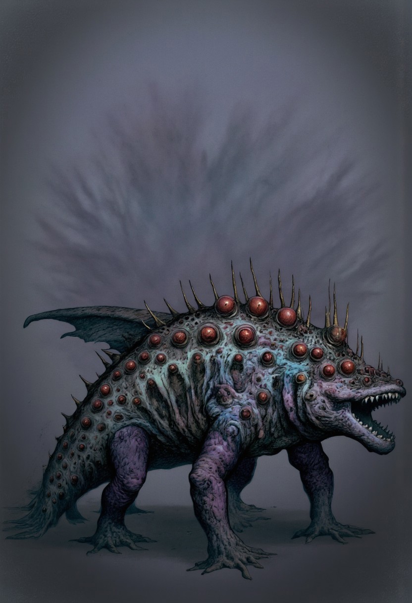 aidmaMJ6.1, Made out of paper, a PaperStyle , d4artstyle, d4concept, , d00mstyle, made of clay, ZBClay model of a gray sculpture AmanoER 
 a horrifying, amphibious creature with a bloated, muscular body covered in rough, scaly skin mottled with dark, decaying patches. The creature’s head is a blend of reptilian and fish-like features, with jagged teeth protruding from a partially open maw. Its back is layered with dozens of grotesque, bulging eyes of various sizes, each one bloodshot and staring in different directions, giving it an unsettling, ever-watchful appearance. Spiny, fin-like structures protrude along its spine and tail, enhancing its aquatic, monstrous nature. The limbs are thick and muscular, ending in webbed, clawed feet that suggest both aquatic and terrestrial movement. The color palette is dark and sickly, with hues of bruised purples, grays, and greens, making the creature appear as though it has emerged from the depths of a polluted, nightmarish swamp. Focus on the slimy texture, the horrifying mass of eyes, and the creature’s intimidating stance, conveying its monstrous and predatory essence.
Background solid color with a faded dimly lit, fog-covered darkness tone that emphasizes its silhouette. The medium is not a traditional painting or illustrative medium like watercolor or ink but rather a digital rendering, eerie and unsettling.