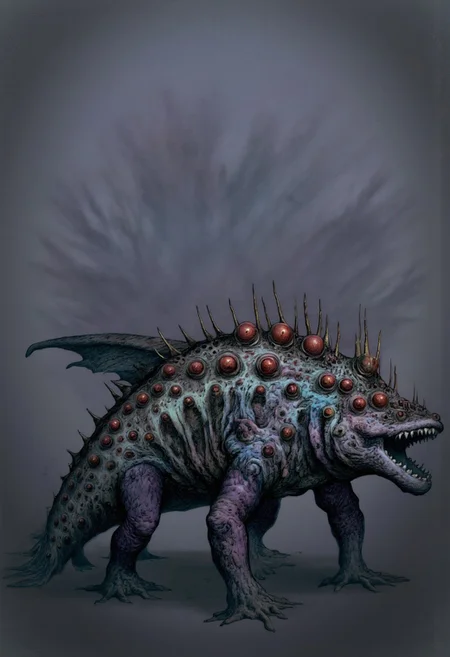 aidmaMJ6.1, Made out of paper, a PaperStyle , d4artstyle, d4concept, , d00mstyle, made of clay, ZBClay model of a gray sculpture AmanoER
a horrifying, amphibious creature with a bloated, muscular body covered in rough, scaly skin mottled with dark, decaying patches. The creature’s head is a blend of reptilian and fish-like features, with jagged teeth protruding from a partially open maw. Its back is layered with dozens of grotesque, bulging eyes of various sizes, each one bloodshot and staring in different directions, giving it an unsettling, ever-watchful appearance. Spiny, fin-like structures protrude along its spine and tail, enhancing its aquatic, monstrous nature. The limbs are thick and muscular, ending in webbed, clawed feet that suggest both aquatic and terrestrial movement. The color palette is dark and sickly, with hues of bruised purples, grays, and greens, making the creature appear as though it has emerged from the depths of a polluted, nightmarish swamp. Focus on the slimy texture, the horrifying mass of eyes, and the creature’s intimidating stance, conveying its monstrous and predatory essence.
Background solid color with a faded dimly lit, fog-covered darkness tone that emphasizes its silhouette. The medium is not a traditional painting or illustrative medium like watercolor or ink but rather a digital rendering, eerie and unsettling.
